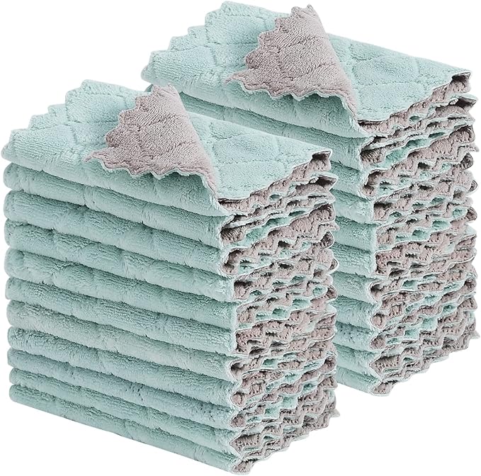 20Pcs Kitchen Cloth,Dish Towels,Super Absorbent Coral Fleece Dishtowels,Premium Dishcloths,Nonstick Oil Washable Fast Drying Dish Rags,for Clean Table Dish Glass Pet Paws (Green Gray)