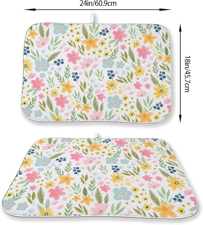 Spring Yellow Pink Blue Floral Dish Drying Mats 18x24 Inch Watercolor Flower Spring Drying Mats Seasonal Absorbent Drying Dish Pad Rack Drainer Mats for Kitchen Dining Room Counter Decorations