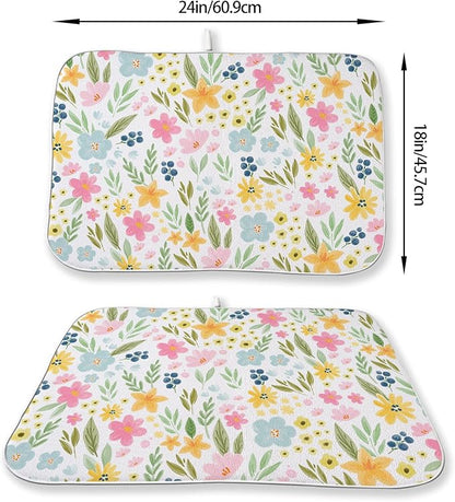 Spring Yellow Pink Blue Floral Dish Drying Mats 18x24 Inch Watercolor Flower Spring Drying Mats Seasonal Absorbent Drying Dish Pad Rack Drainer Mats for Kitchen Dining Room Counter Decorations