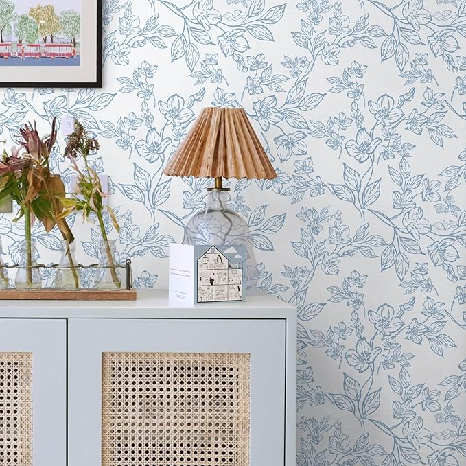 Ismoon Floral Wallpaper Peel and Stick Blue and White Contact Paper Vintage Textured Removable Wallpaper Self Adhesive Renter Friendly Wall Paper 17.3x196in
