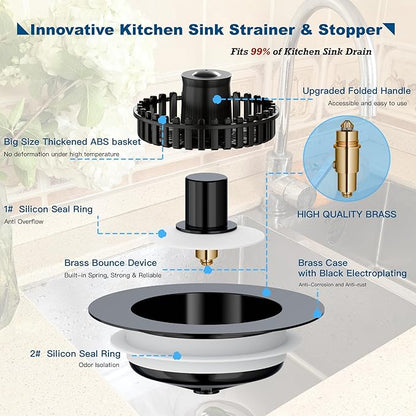 Sink Drain Strainer, 3 in 1 Kitchen Sink Drain Strainer, Kitchen Sink Stopper, Sink Drain Stopper, Sink Strainer with an Extra Anti-Clog Basket for US Standard 3-1/2'' Sink Hole, Brass Material Black