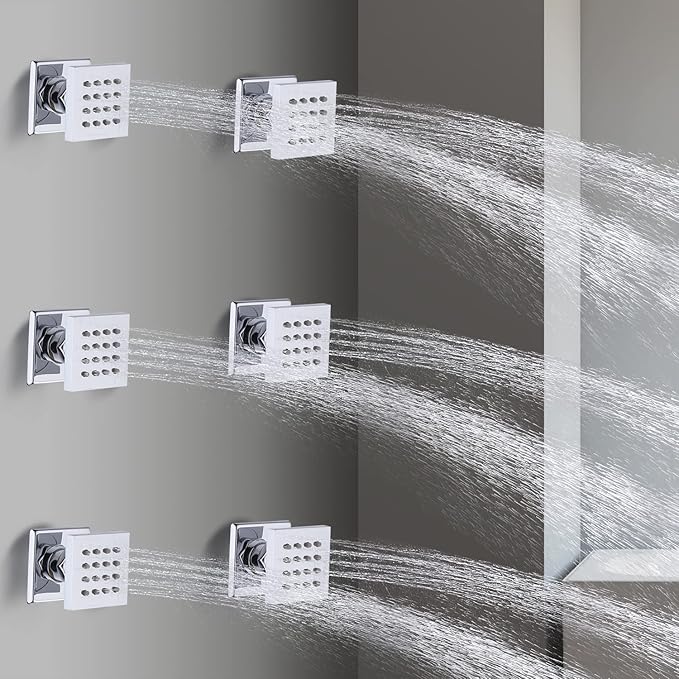 HOMEDEC 2inch Brass Shower Body Sprayer Jets Shower Head, Valve Needed (6pcs, Square-Chrome)