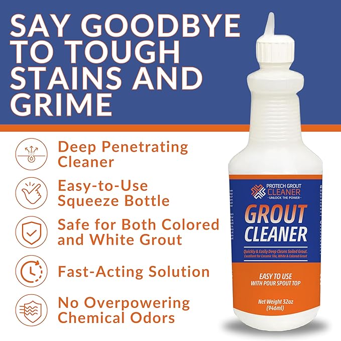 ProTech Grout Cleaner & Stain Cleaner - 32 Ounce - Premixed Solution - Heavy Duty Grout Stain Remover for Tile Floors, Showers, bathroom grout & Kitchens. Non-Toxic & Safe, Best for Deep Cleaning