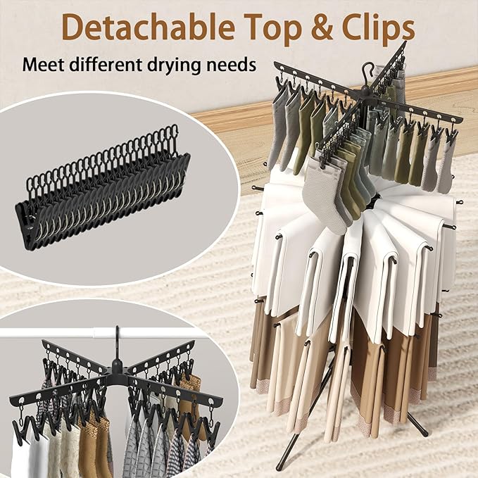 COSTWAY 3-Tier Clothes Drying Rack, Foldable Garment with 32 Hanging Rods & 24 Clips, 360° Rotatable Arms & Detachable Clip Rack, Collapsible Tripod Drying Rack for Laundry Room & Balcony, Black