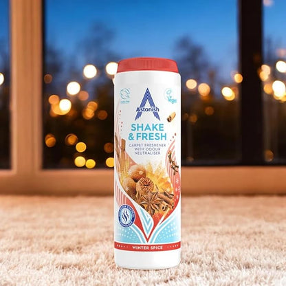 Astonish Shake & Fresh Carpet Freshener Winter Spice Scent with Malodour Control Technology - Deep Odor Neutralizer, Long-Lasting Fragrance Powder for Dry Carpets, Easy Shake Vacuum Application