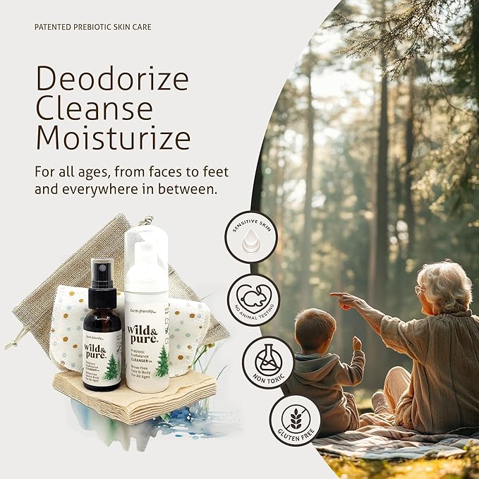 Wild & Pure Sensitive Skin Travel Size Body Wash Set (1.7Oz Foam, 0.9Oz Spray + wipes) | Cleanser, Deodorizer, Moisturizer | pH-Balanced, Microbiome-Friendly | EcoBalance Refillable Skincare