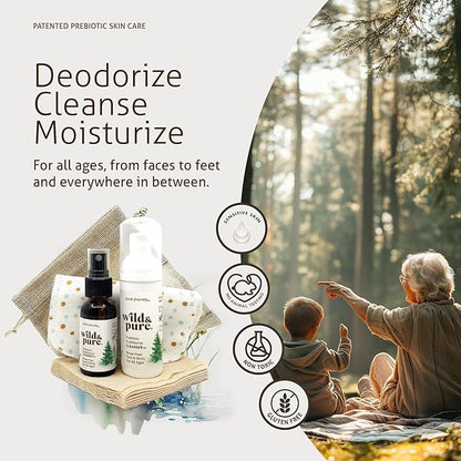 Wild & Pure Sensitive Skin Travel Size Body Wash Set (1.7Oz Foam, 0.9Oz Spray + wipes) | Cleanser, Deodorizer, Moisturizer | pH-Balanced, Microbiome-Friendly | EcoBalance Refillable Skincare