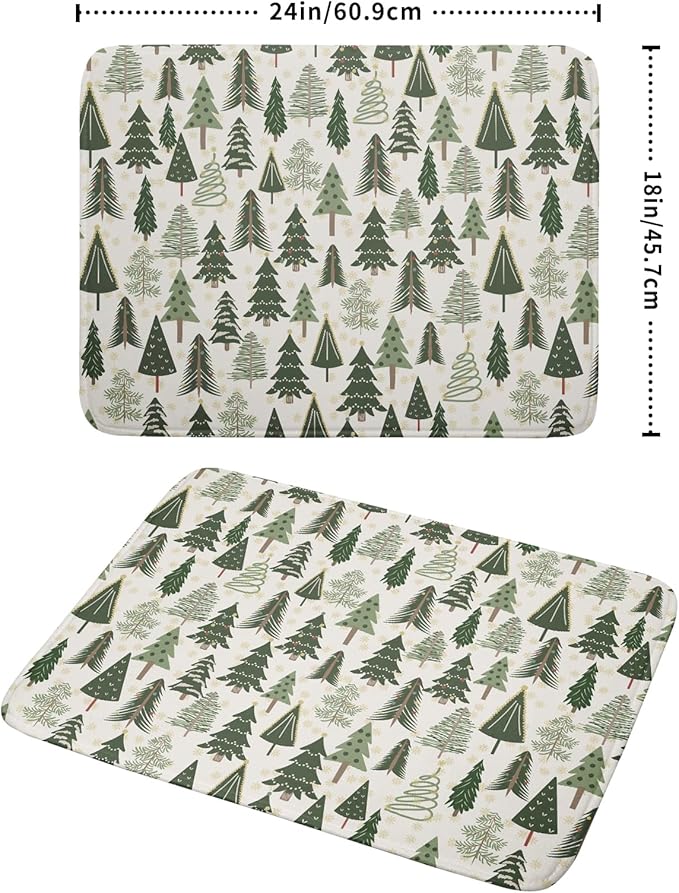 Christmas Dish Drying Mat for Kitchen Counter 18x24 Green Xmas Tree Block Print Winter Holiday Theme Absorbent Reversible Microfiber Drying Mats Kitchen Countertop Protector Dishes Drainer Pad