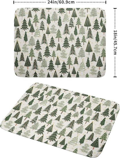 Christmas Dish Drying Mat for Kitchen Counter 18x24 Green Xmas Tree Block Print Winter Holiday Theme Absorbent Reversible Microfiber Drying Mats Kitchen Countertop Protector Dishes Drainer Pad