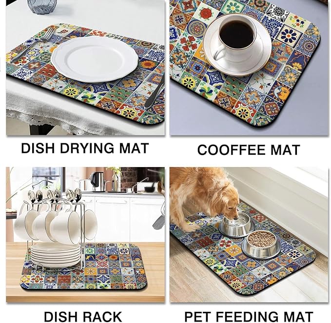 Dish Drying Mat for Kitchen Counter 2 Pack with Non-Slip Rubber Backing - Heat-Resistant Absorbent Coffee Bar Mat, Dish Rack Mat, Talavera Mexican Tiles Dish Drying Mats 18x24+19.5x12 inch
