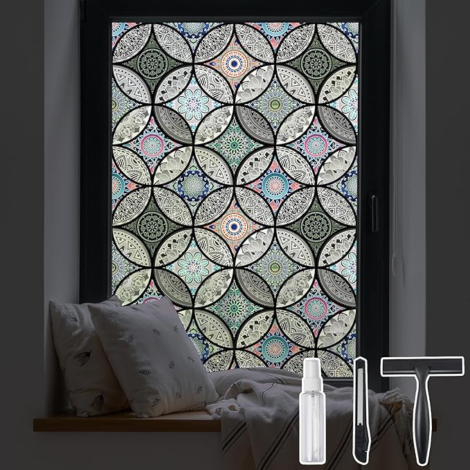 DKTIE Static Cling Decorative Window Film with Installation Tools Non Adhesive Privacy Film, Stained Glass Window Film for Bathroom Shower Door Heat Cotrol Anti UV 35.4 x 78.7 Inch