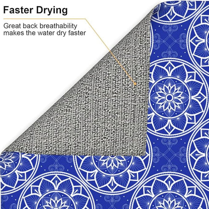 Chinoiserie Blue and White Floral Dish Drying Mats for Kitchen Counter, Absorbent Reversible Washable Microfiber Drying Pad, 16" x 18" Foldable Chinoiserie Kitchen Mat for Dishes & Sink, Home Decor