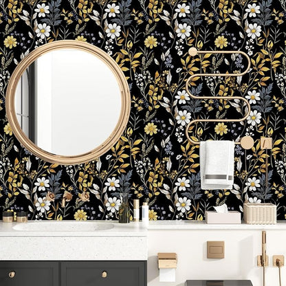 Drak Floral Wallpaper Peel and Stick Vintage Black Golden Wallpaper Vinyl Waterproof Self-Adhesive Removable Boho White Botanical Wall Paper Modern for Bedroom Walls Drawer Cabinet 17.5in x118in