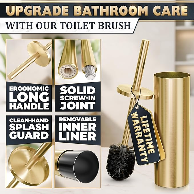 Gold Toilet Brush and Holder Set - Brushed Stainless Steel Gold Toilet Bowl Brush and Holder with Replaceable Head, Removable Inner Bowl, and Splash Protection - Dense Bristles for Thorough Cleaning