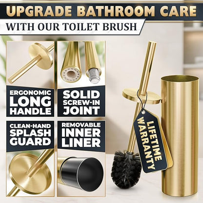 Gold Toilet Brush and Holder Set - Brushed Stainless Steel Gold Toilet Bowl Brush and Holder with Replaceable Head, Removable Inner Bowl, and Splash Protection - Dense Bristles for Thorough Cleaning