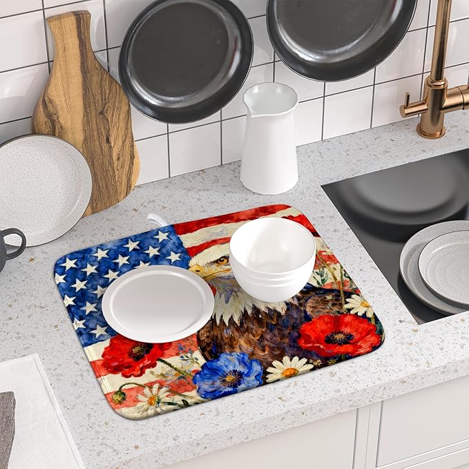 4th of July American Flag Eagle Dish Drying Mat for Kitchen Counter 16x18 Patriotic Floral Memorial Day Absorbent Reversible Microfiber Drying Mats Kitchen Countertop Protector Dishes Drainer Pad