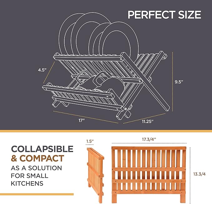 Dish Drying Rack - Collapsible Bamboo 2 Tier Foldable Wooden Dish Drainer for Countertop, Plates Cups Bowls Utensils, Eco Friendly Folding Bamboo Dish Rack for Kitchen Home Apartment RV - by Bambusi