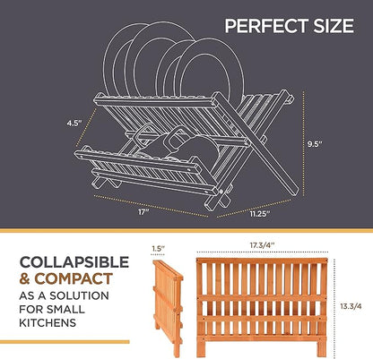 Dish Drying Rack - Collapsible Bamboo 2 Tier Foldable Wooden Dish Drainer for Countertop, Plates Cups Bowls Utensils, Eco Friendly Folding Bamboo Dish Rack for Kitchen Home Apartment RV - by Bambusi