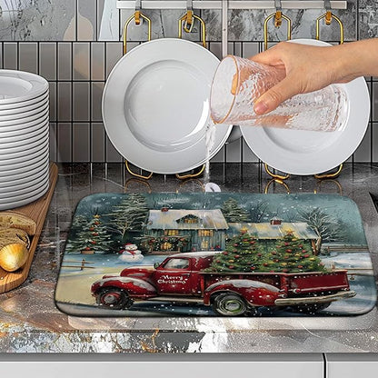 Vintage Snowman Christmas Kitchen Drying Mats - Red & Green Xmas Tree Pattern - Absorbent Microfiber Dish Rack Pads - 16x18 - Merry Christmas