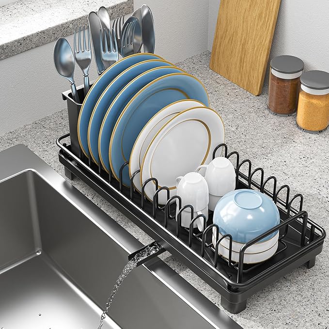 XYZLVSI Small Sink Dish Drying Rack with Drainboard, Compact Dish Drainer for Kitchen Countertop, Rustproof Plate Organizer with Utensil Holder, Black