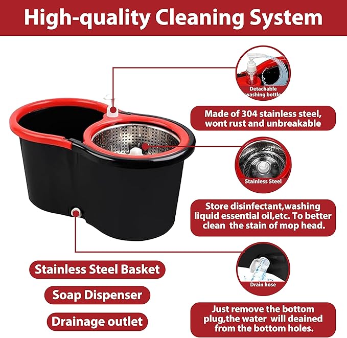 Spin Mop and Bucket with Wringer Set, 360 Spinning Mop Bucket System with 3 Microfiber Mop Replacement Heads, Mop and Bucket with Wringer Set for Home