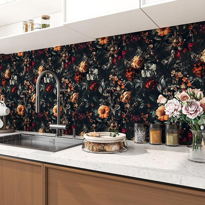 Extra Long Vintage Dark Floral Wallpaper, 17.5In x 393In Moody Black Garden Flower Design Self-Adhesive Removable Wall Paper for Bedroom Stairwell Vinyl Contact Paper Wall Art Decor