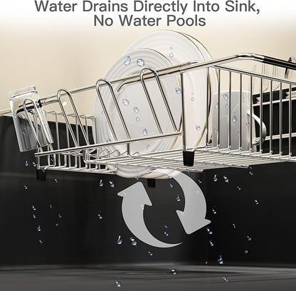 Over the Sink Expandable Dish Drainer Drying Rack In Stainless Steel for Small Kitchen, Counter Space Saving Modern Compact Metal Above Plate Dryer Strainer, Adjustable Hanging Inside Drain Holder