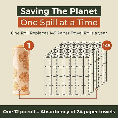 Reusable Paper Towels Washable Roll - Thick 12-pc Two Layered Ultra Absorbent Paperless Certified Organic Cotton Towels - Large Cloth Kitchen Paper Towel with Hanging Loop
