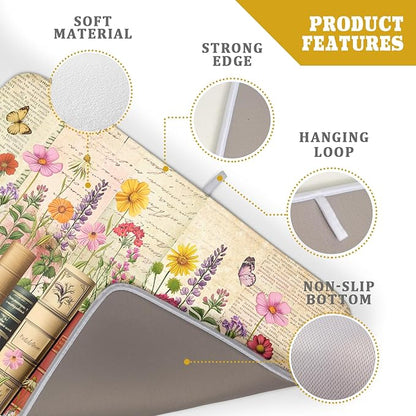 Vintage Books Dish Drying Mat - Retro Flower Kitchen Countertop Cloth Pad 18 x 24 In