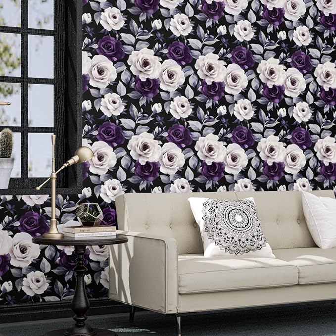 Black Foral Wallpaper Peel and Stick Dark Purple and White Rose Contact Paper, Vintage Self-Adhesive Removable Flower Wall Paper for Bedroom Countertop Desk Cabinets Decor 17.4" x 118" Renter Friendly