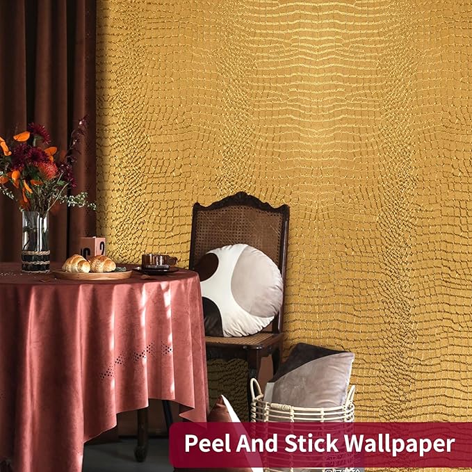 Peel & Stick Wallpaper - Gold Crocodile, 15.7" X 393", Removable, Easy Peel Off, Renter Friendly, Textured