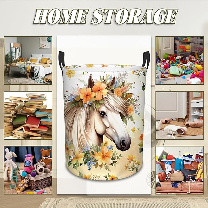 Horse Laundry Basket, 43L Round Oxford Cloth Laundry Hamper, Waterproof Collapsible Storage Organizer Bin with Handles for Toys, Nursery Home Storage, Gift for Chritsmas Thanksgiving 13.8x17.7in