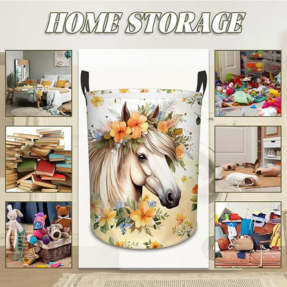 Horse Laundry Basket, 43L Round Oxford Cloth Laundry Hamper, Waterproof Collapsible Storage Organizer Bin with Handles for Toys, Nursery Home Storage, Gift for Chritsmas Thanksgiving 13.8x17.7in