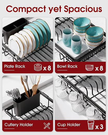 Sakugi Dish Drying Rack in Sink - Expandable Stainless Steel Dish Rack Over the Sink, Kitchen Sink Drain Strainer with Cutlery Holder & Cup Holders, 15.4 x 9.8 x 3.0 Inch, Black