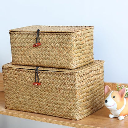 Wicker Shelf Baskets with Lid,Natural Seagrass Storage Basket Boxes Handwoven Rectangular Baskets Bins Multipurpose Home Organizer Decor (Large+Medium+Small)