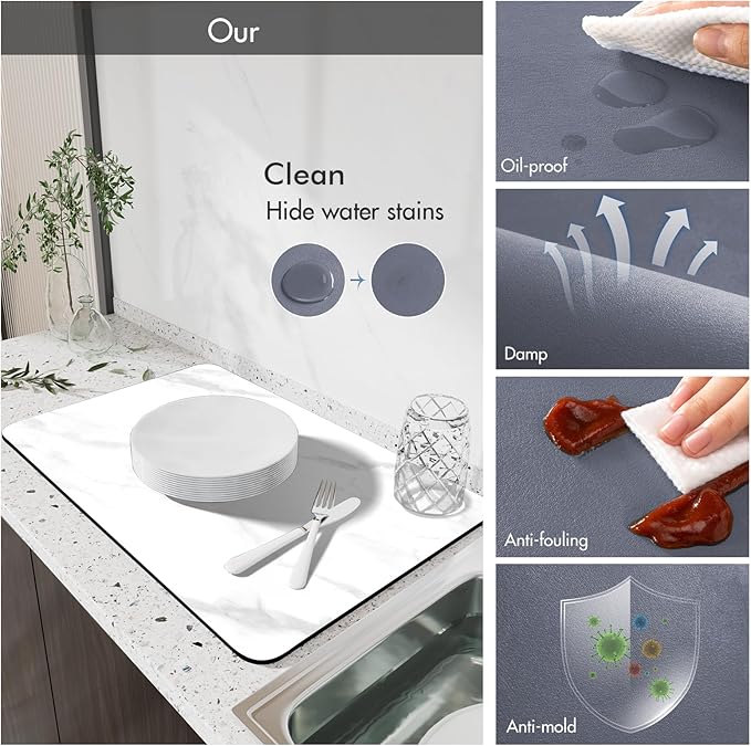 Drying Mat for Kitchen Countertops, Coffee Mat Hide Stain Rubber Backed Absorbent Dish Drying Mat