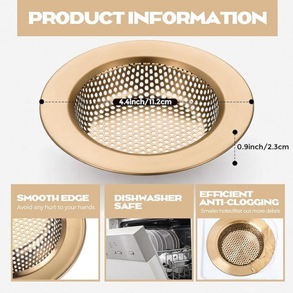 Retisee 2 Pcs Sink Strainer Stainless Steel Kitchen Sink Drain Strainer Basket Cover Mesh Hair Food Catcher, Large Wide Rim of 4.4 Diameter (Champagne Bronze)