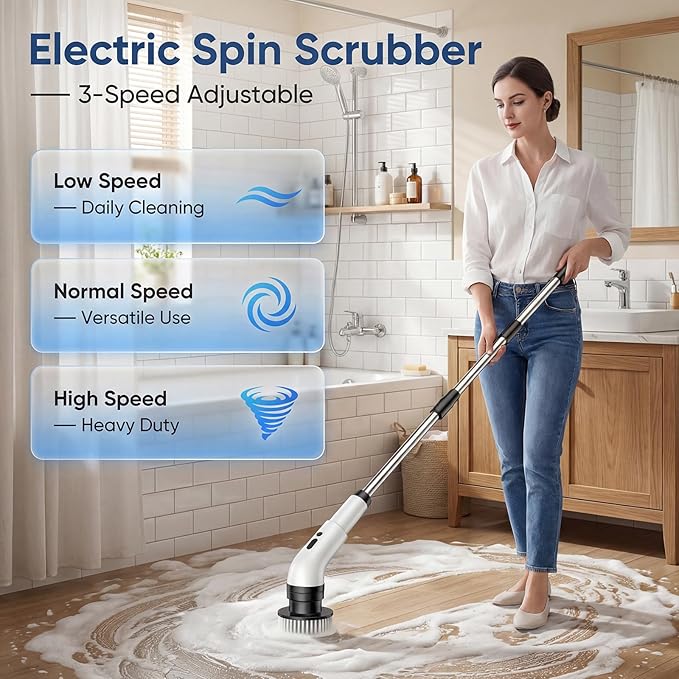 Electric Spin Scrubber, Cordless Power Scrubber for Bathroom/Shower/Tub/Tile & Grout, 7 Brush Heads, Dual-Speed, Adjustable Extension Handle, IPX7 Waterproof, USB-C Rechargeable Cleaning Tool (White)