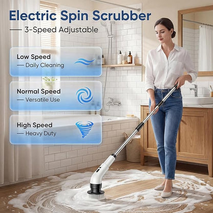 Electric Spin Scrubber, Cordless Power Scrubber for Bathroom/Shower/Tub/Tile & Grout, 7 Brush Heads, Dual-Speed, Adjustable Extension Handle, IPX7 Waterproof, USB-C Rechargeable Cleaning Tool (White)