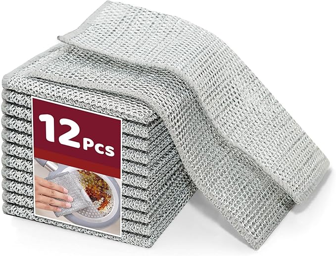 12 PCS Non-Scratch Wire Dishcloths - Metal Dish Cloth with Double Layer Multipurpose Steel Wrie Diswashing Rag for Washing Dishes & Stainless Steel, Cleaning Towels Wipes for Kitchen