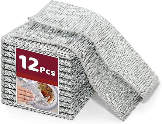 12 PCS Non-Scratch Wire Dishcloths - Metal Dish Cloth with Double Layer Multipurpose Steel Wrie Diswashing Rag for Washing Dishes & Stainless Steel, Cleaning Towels Wipes for Kitchen
