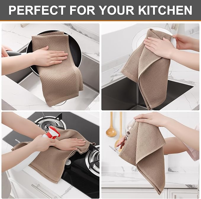 Kitinjoy 100% Cotton Waffle Weave Kitchen Hand Towels (13 X 28 Inches, Tan), 4-Pack Super Soft and Absorbent Dish Towel for Drying Dishes