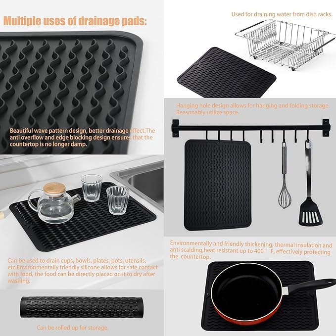 NiuYichee Stainless Steel Dish Drying Rack(15"L x 8.3"W x 4.2"D), Expandable Fruit & Vegetable Drain Rack over Sink, Dish Drainer Rack in Sink, with Stainless Steel Utensil Holder & 16" Silicone Mat