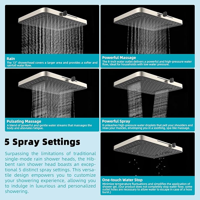 Hibbent Rain Shower Head, 13'' High Pressure Rainfall 5 Spray Mode Showerhead with 16" Shower Head Extension Arm, Brass Adjustable Shower Arm Extender, Waterfall fixed Showerheads, Brushed Nickel