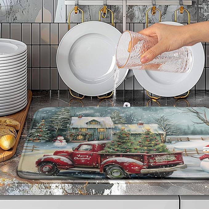 Christmas Red Truck Xmas Tree Snowman Dish Drying Mat for Kitchen Counter 18x24 Inch Winter Snowflake Vintage Absorbent Dish Pad Farmhouse Microfiber Dish Drainer Mats Christmas Kitchen Accessories