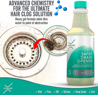 XionLab Safer, Greener Drain Clog Remover – Industrial-Strength Liquid Drain Cleaner for Hair & Grease – Septic Safe, Odorless, Biodegradable for Bathroom Sink, Bath Tub, & Shower Drain – 32 oz