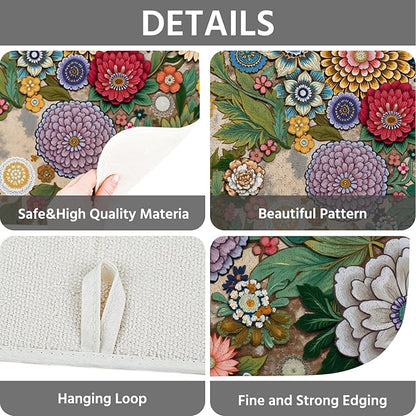 Dish Drying Mat for Kitchen Counter 16x18 Inch, Super Absorbent Dish Drainer Mat, Decorative Microfiber Dishes Drying Pad-Small(Luxurious flowers)