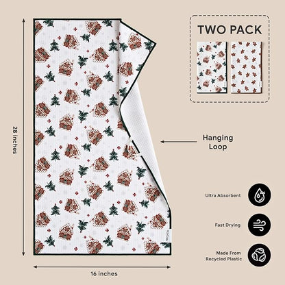 RECYCO Christmas Waffle Kitchen Towel Set of 2 - Quick Dry Microfiber Sustainable Dish Towels - Ultra Absorbent Reusable Cleaning Tea Towels - Lightweight Hand Towels,16”x 28”, Gingerbread Joy