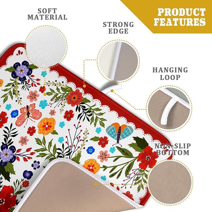 Flowers Printed Dish Drying Mat Floral Coffee Mat for Kitchen Counter Small