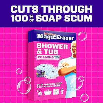 Mr. Clean Magic Eraser Sponge, Bathroom, Shower, Tub Cleaner, Soap Scum Remover, Bathroom Cleaning Supplies, Dawn Cleaning Power with Lavender Scent, Shower & Tub, 6ct